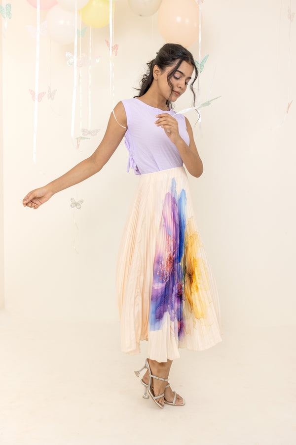 Beige Floral Pleated Skirt