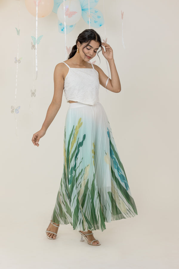 Green Foliage Pleated Skirt